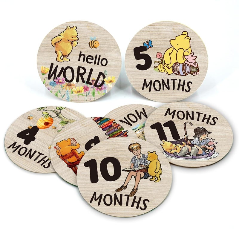 PAMBO The Winnie Baby Bear Month Milestone Circles, Wooden Discs Stuff for Baby Photo Takens with Hello World Name Signs - 7Pcs Double Sided Signs for Documenting Growth - Image 1